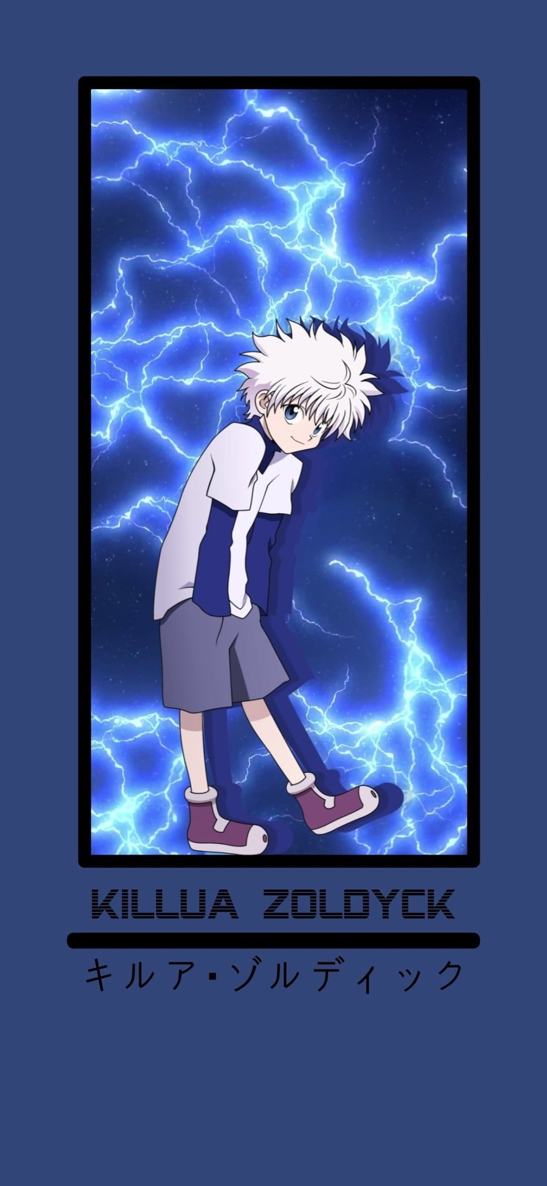 Killua Zoldyck with spiky white hair stands before electric blue lightning bolts and vertical Japanese text.