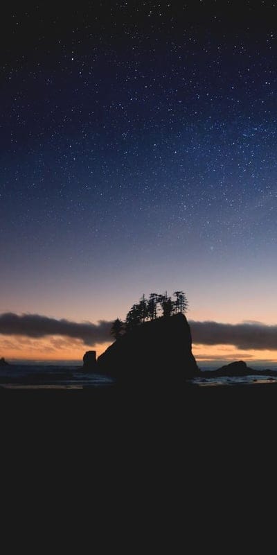 Sea stack, Night sky, Starry, Coastline, Olympic National Park, Ocean, Pacific, Twilight, Nature, Landscape, Rocks, Beach, Celestial, Outdoors, Scenic, Dark, Astrophotography, Wilderness, Sky, Waves