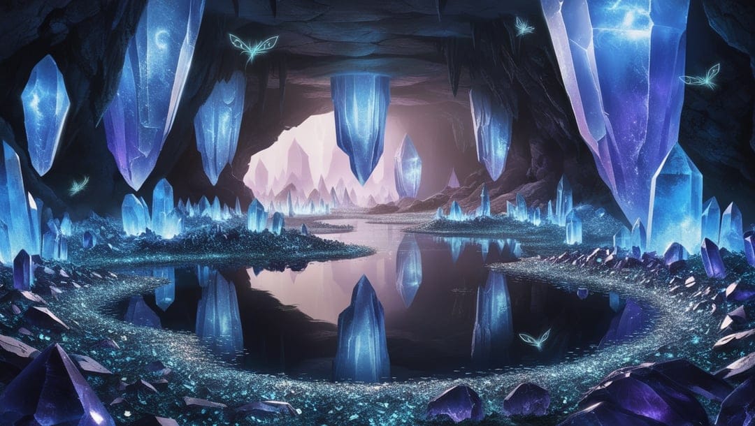 Massive glowing blue crystals and violet flora reflect in a still underground pond within a dark rocky cave.