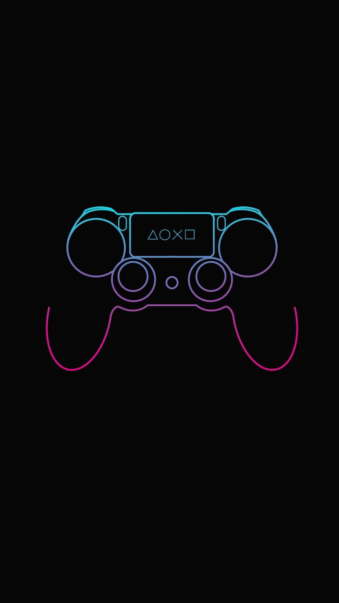 Playstation controller silhouette rendered in glowing blue and pink neon lines on a deep black backdrop.