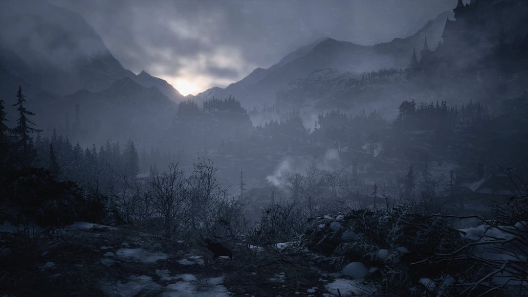 Snowy mountain village in a misty valley at dawn with a gothic castle silhouette on a distant ridge.