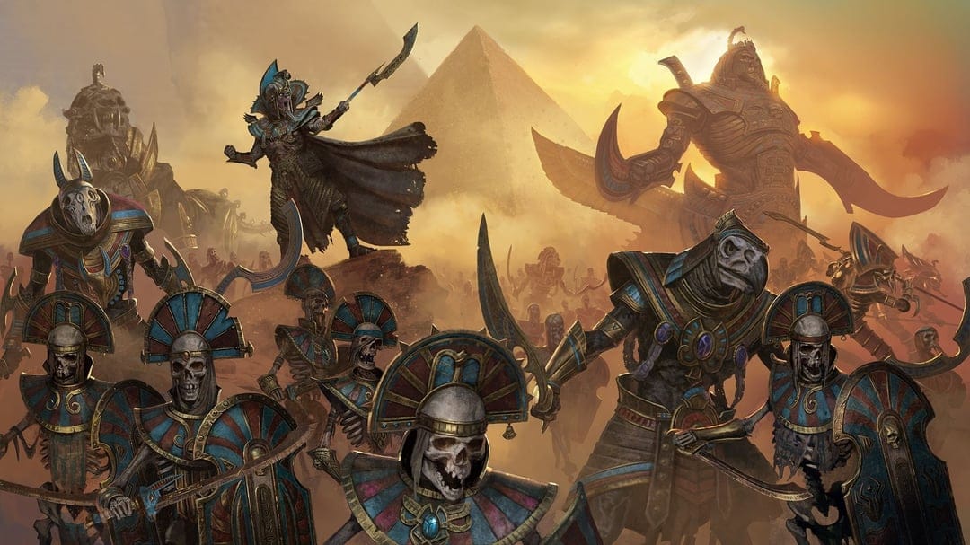 Skeleton warriors in Egyptian armor march through a dusty desert with a pyramid and giant statues in the background.