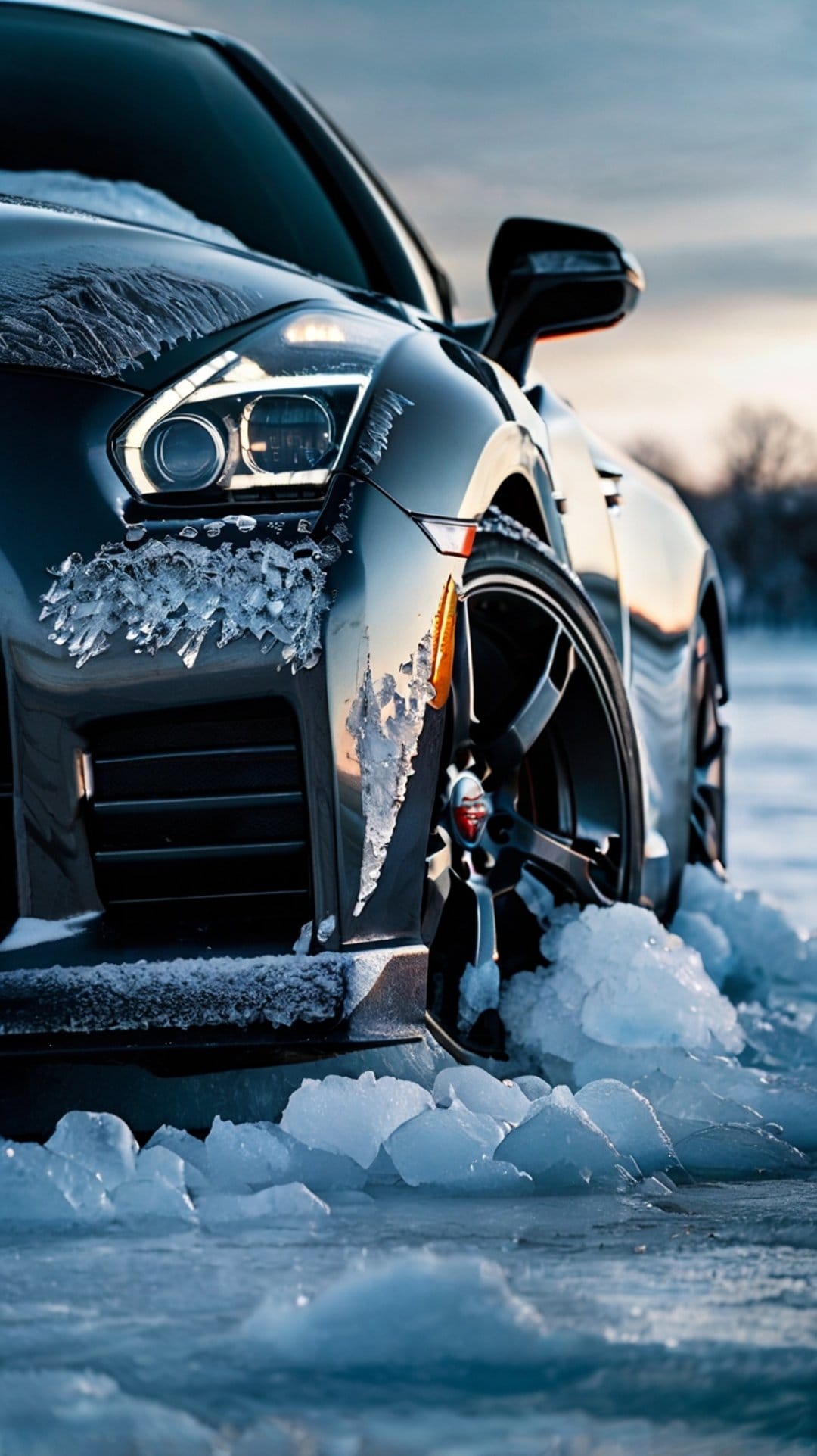 Modern car partially encased in thick ice and snow on a frozen lake with glowing headlights under a dim sky.