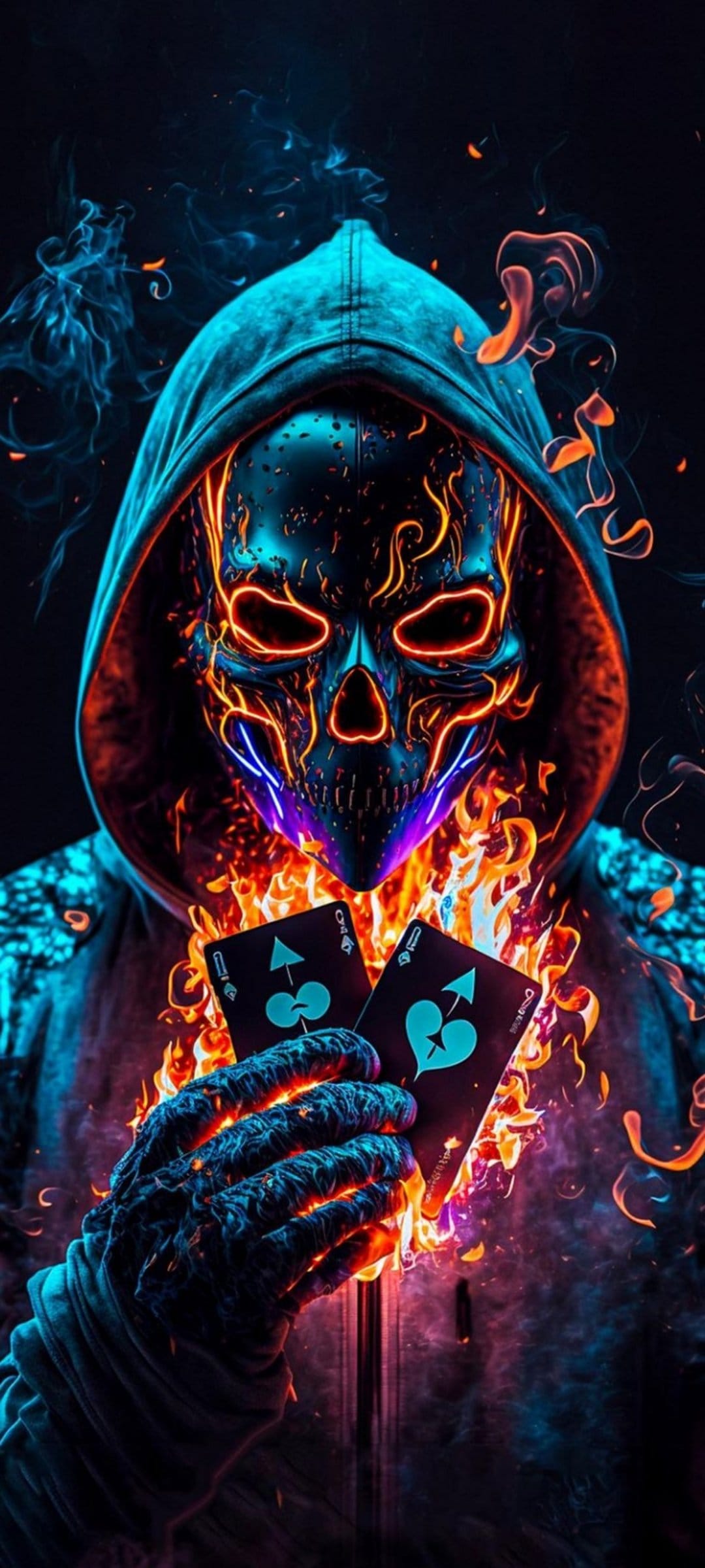 Skeleton masked figure in a hoodie holding flaming queen cards against a smoky blue and orange background.
