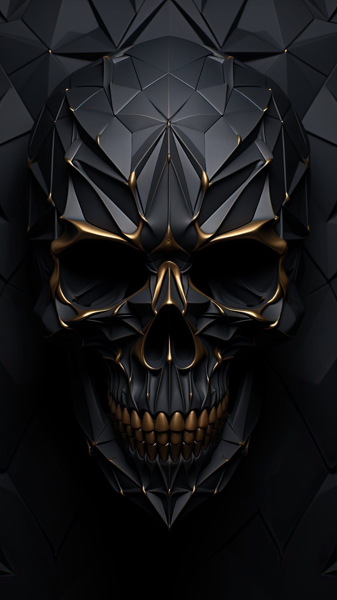 Faceted geometric skull with matte black surfaces and polished gold edges against a dark, angular background.