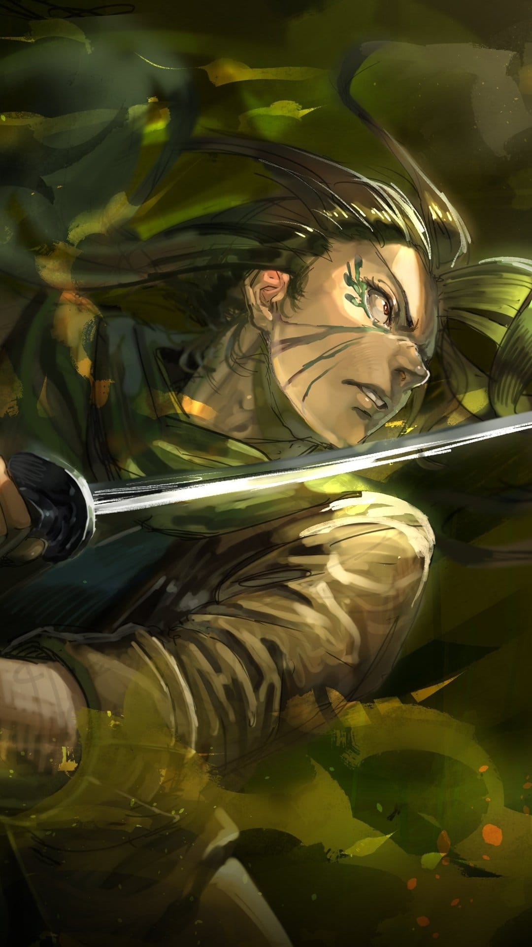 Dark-haired swordsman with red eyes and green facial markings holding a katana against a blurred green forest.