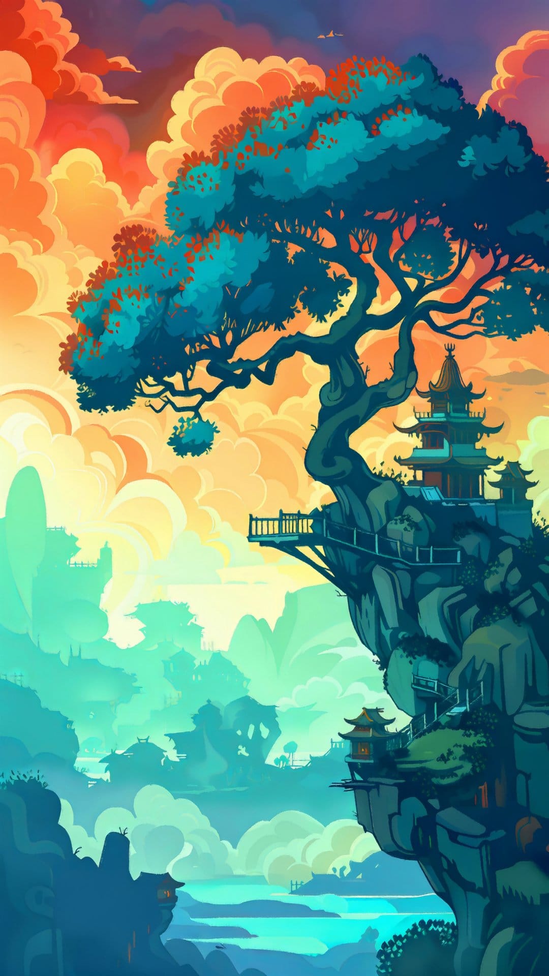 An ancient tree with turquoise leaves on a cliff beside red pagodas overlooking misty mountains and orange clouds.