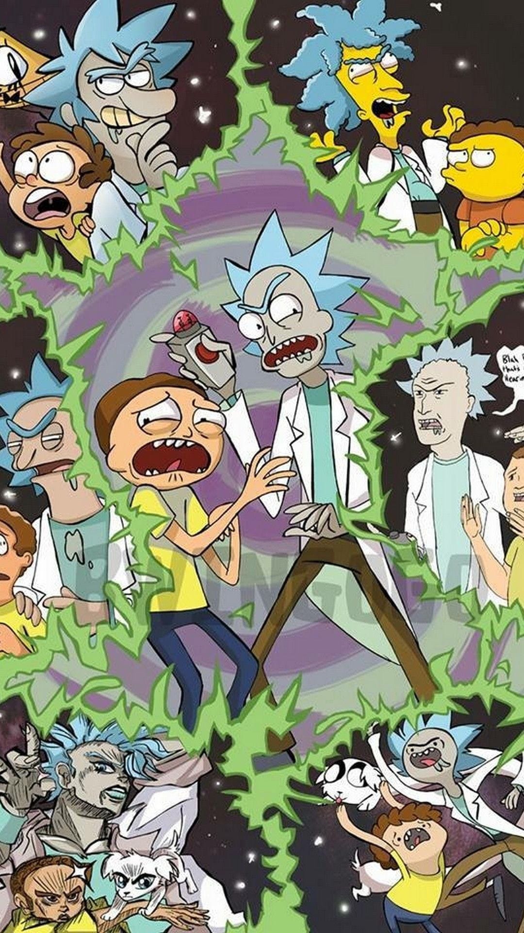 Rick and Morty character variants emerge from glowing green portals amidst a chaotic violet cosmic nebula.