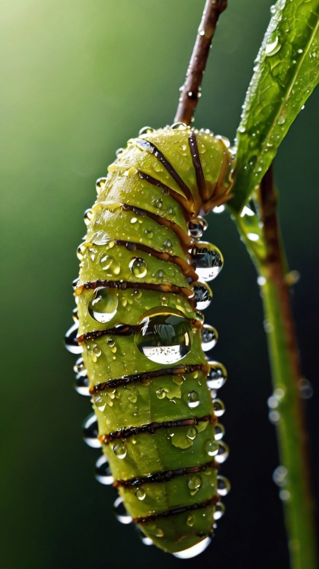 Green striped caterpillar covered in clear dew droplets on a branch against a blurred emerald background.