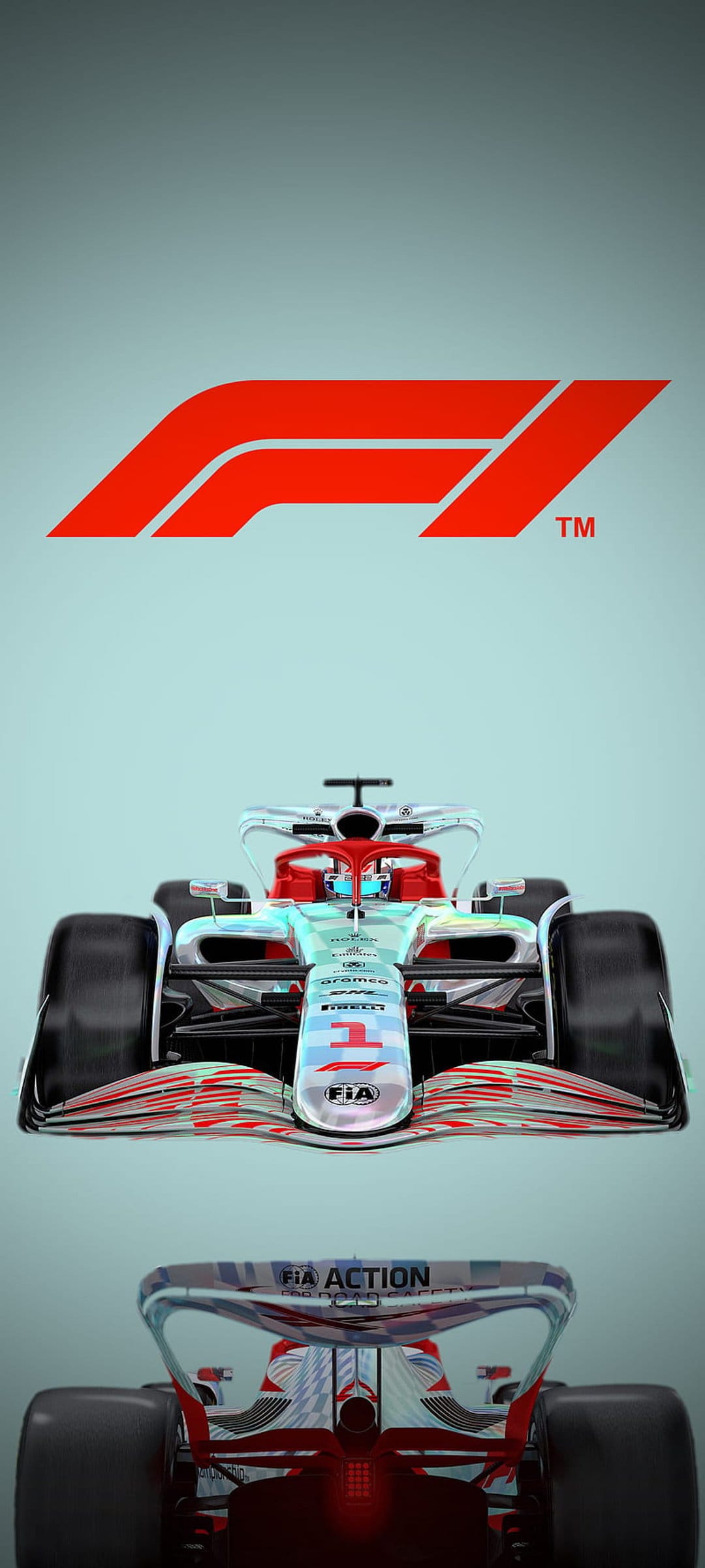 Formula 1 car in front and rear perspectives beneath the official logo against a minimal light blue backdrop.