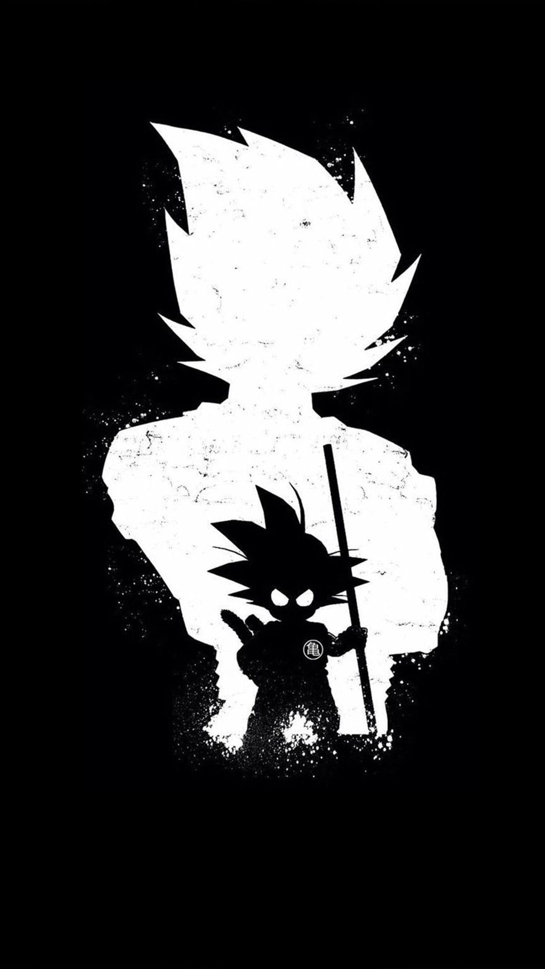 Adult Goku silhouette containing a smaller Kid Goku figure with a staff against a solid black background.