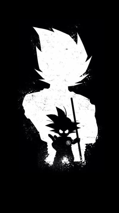 Goku, Dragon Ball, Dragon Ball Z, Dragon Ball Super, Kid Goku, Adult Goku, Silhouette, Minimalist, Black and White, Evolution, Growth, Power Pole, Kanji, Saiyan, Anime, Manga, Fan Art, Digital Art, Wallpaper, Iconic