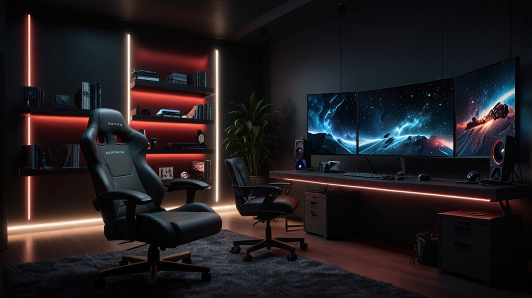 Ergonomic black chair faces glowing monitors showing nebulae within a red-lit futuristic gaming room setup.