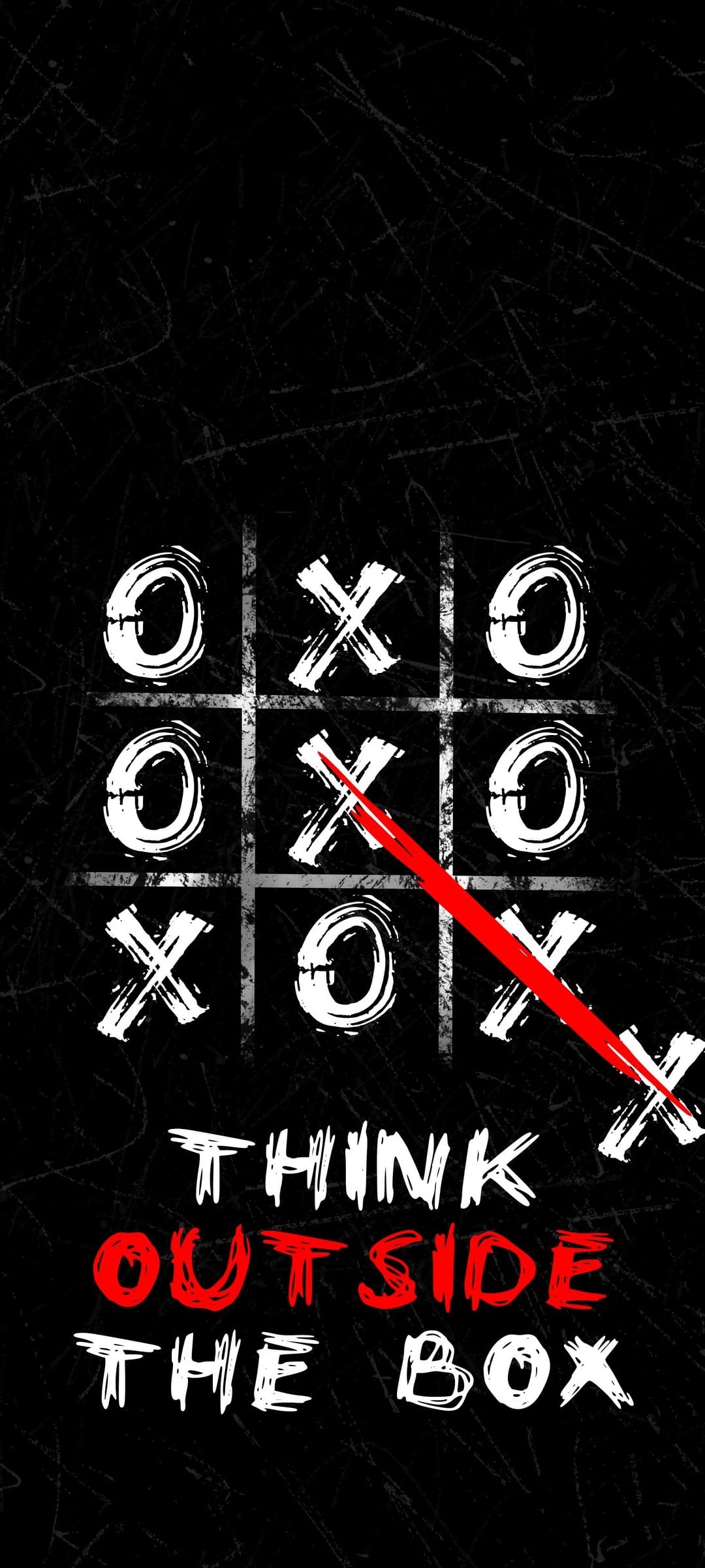 Tic-tac-toe game with a red slash and Think Outside the Box text displayed on a scratched black surface.