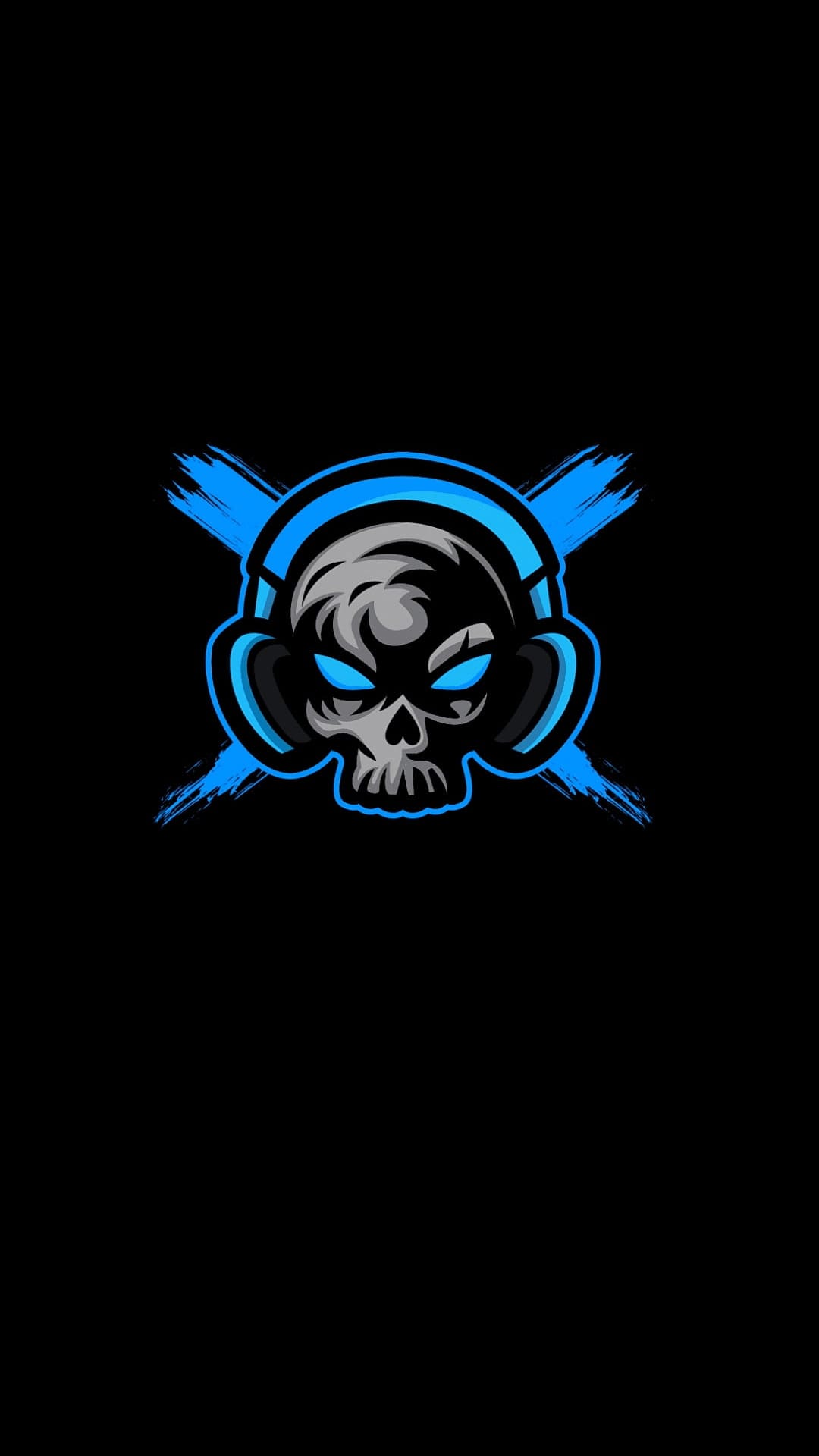 Skull with glowing blue eyes wearing headphones in front of crossed blue paint strokes on a black background.
