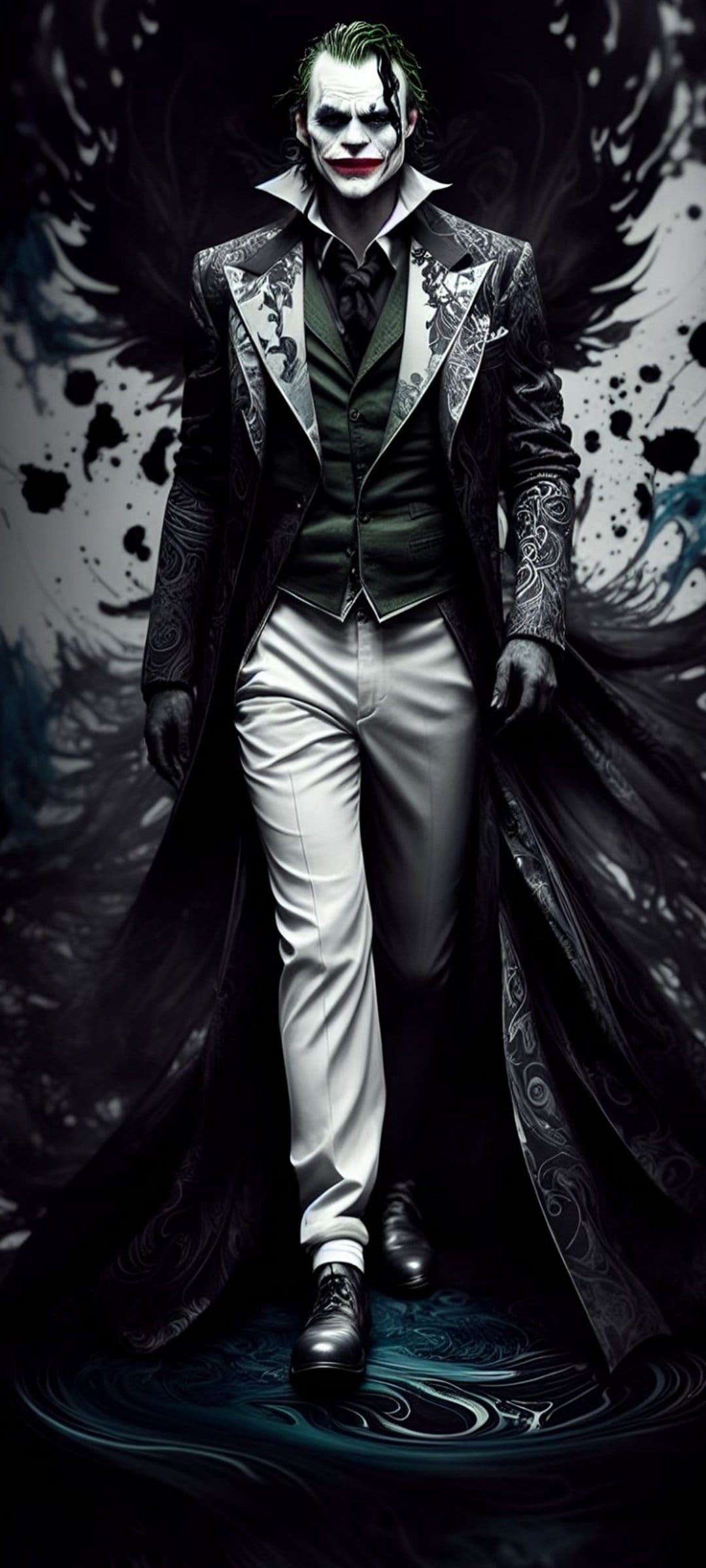 Joker in a patterned suit and green vest stands before black and white abstract splatters and swirling shadows.