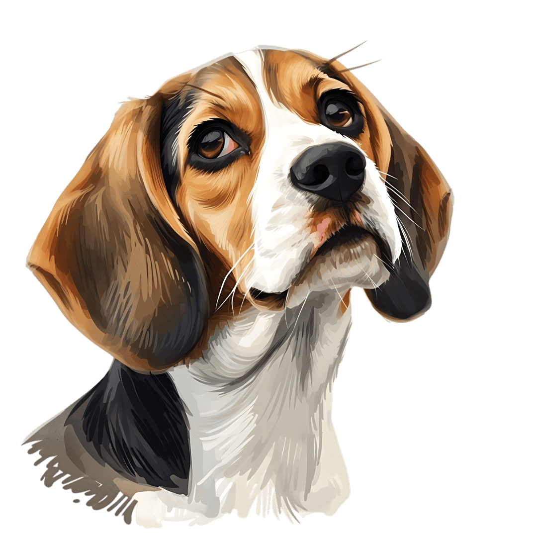 Beagle dog portrait showing tri-color fur and brown eyes against a black background in a digital painting style.