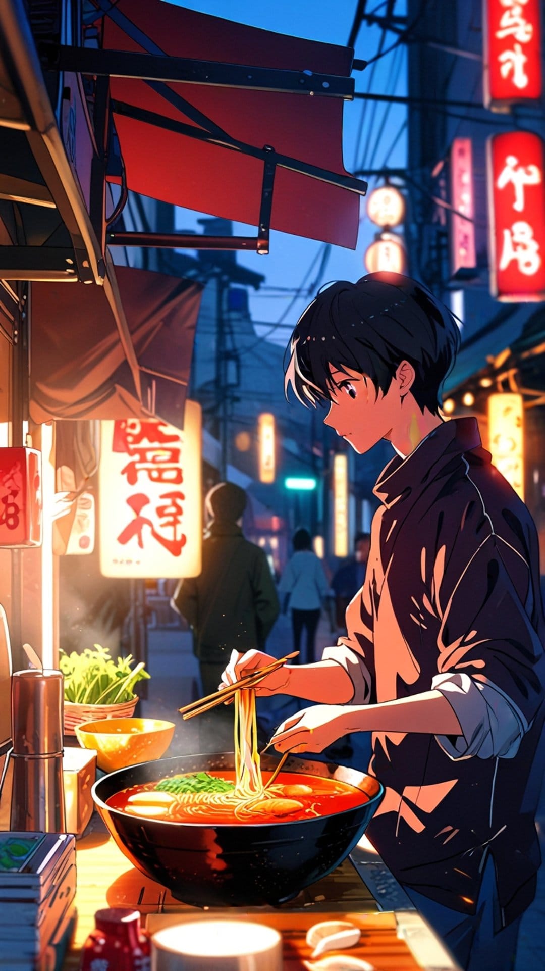 Young boy with black hair eats steaming ramen noodles with chopsticks at a glowing outdoor food stall at night.
