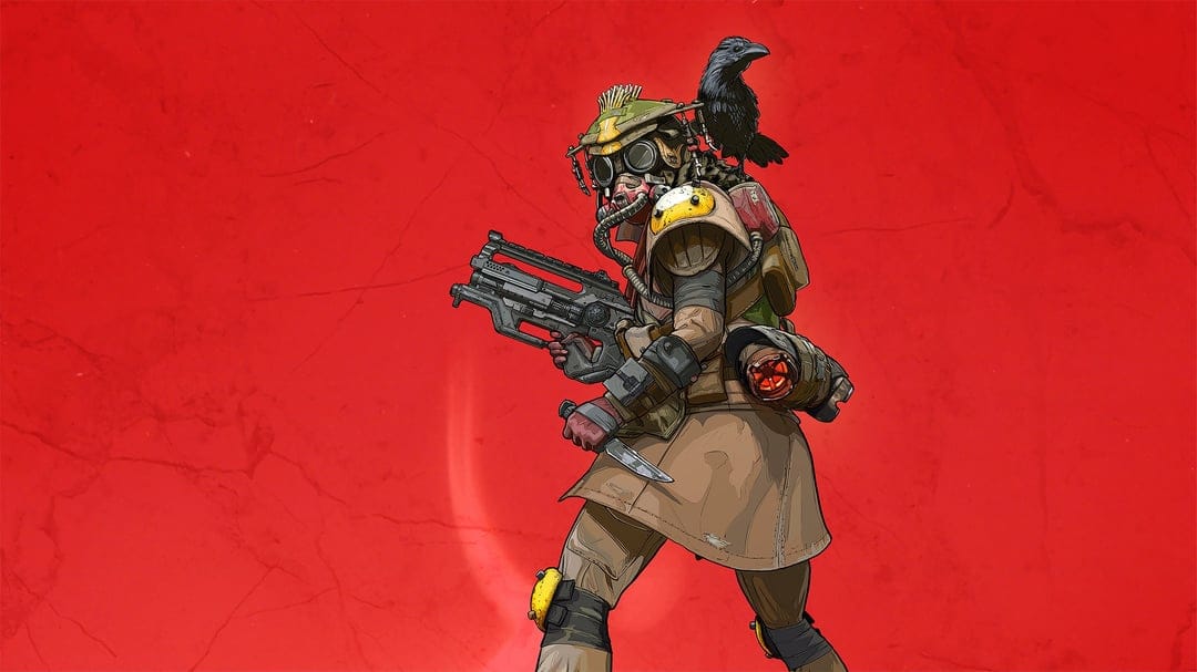 Bloodhound from Apex Legends holding a Prowler weapon and knife with a black raven on their shoulder.