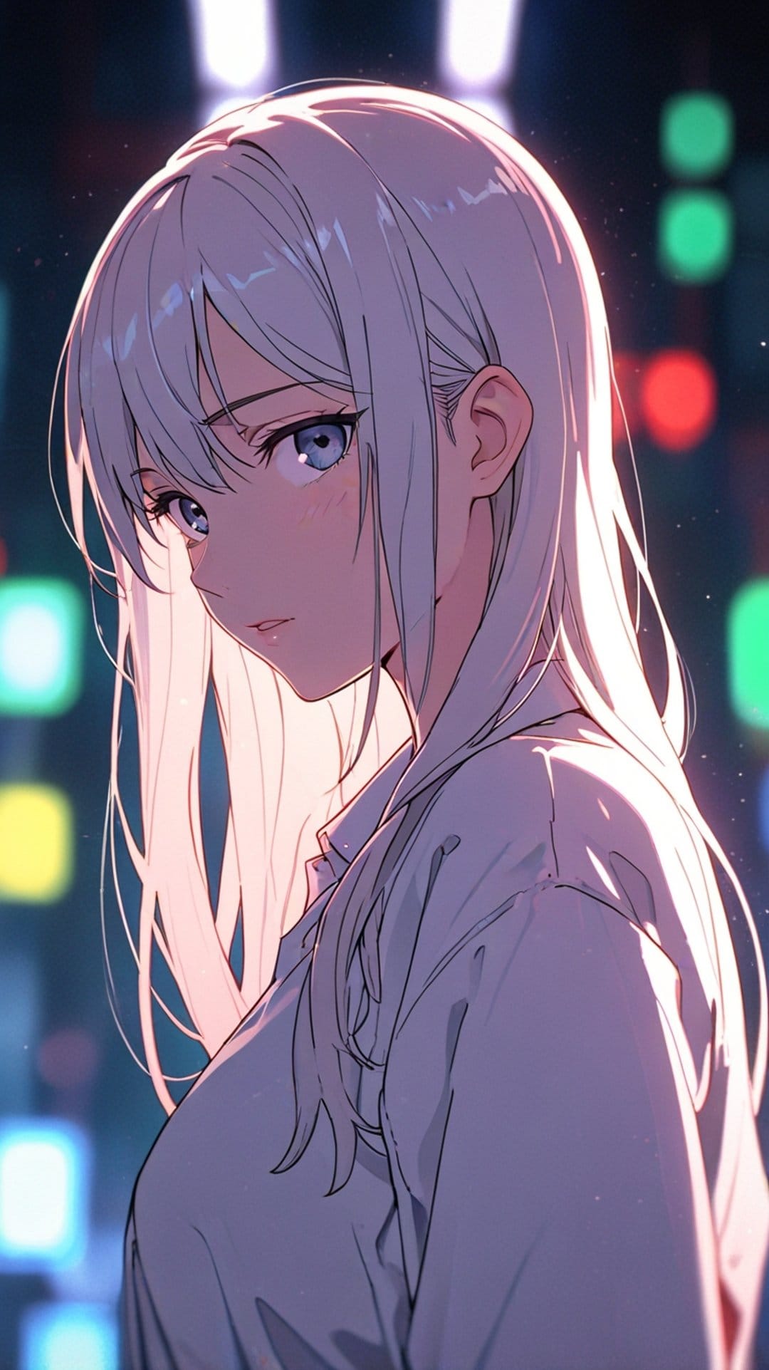 White haired girl with blue eyes in profile view against a blurry night cityscape with colorful bokeh lights.