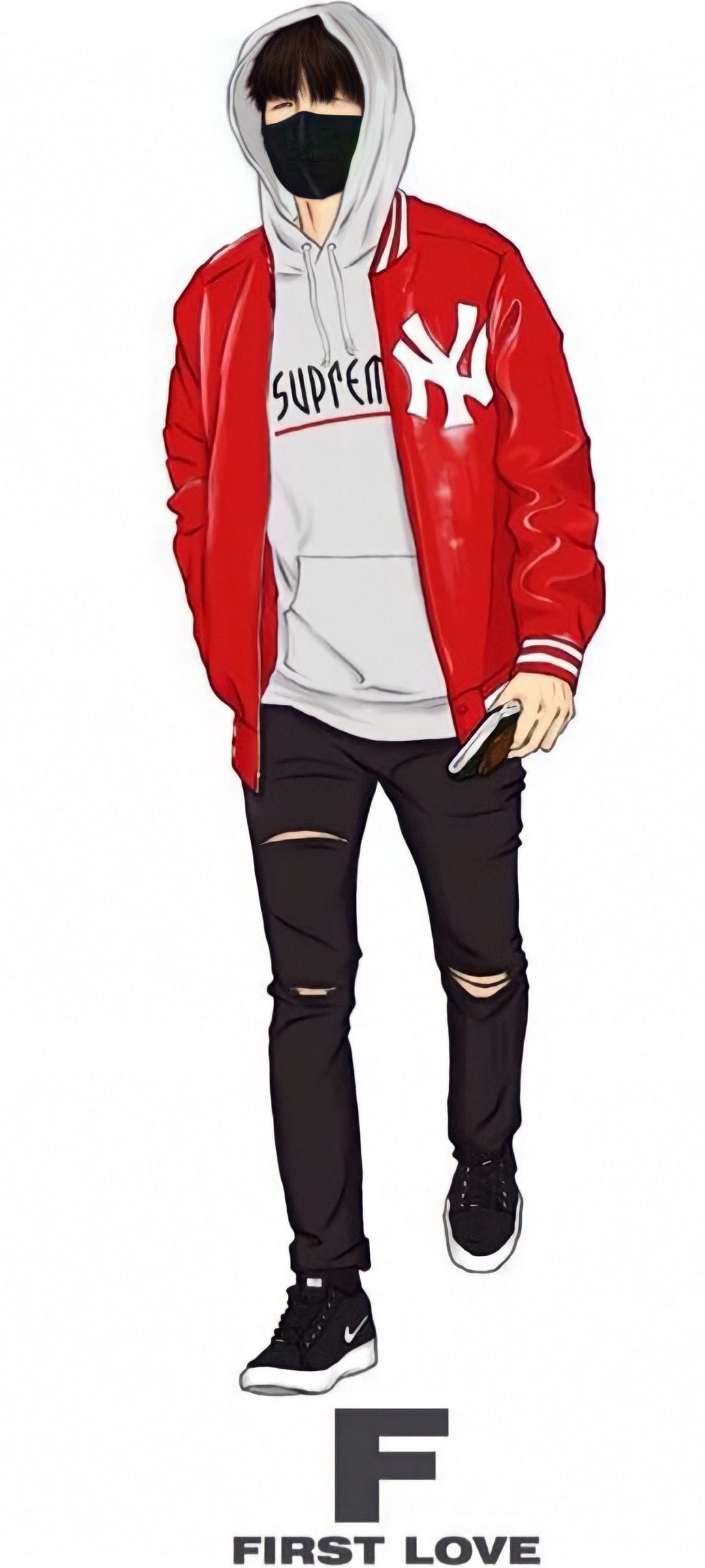 Young man in a red varsity jacket, black mask, and ripped jeans holds a phone against a clean background.