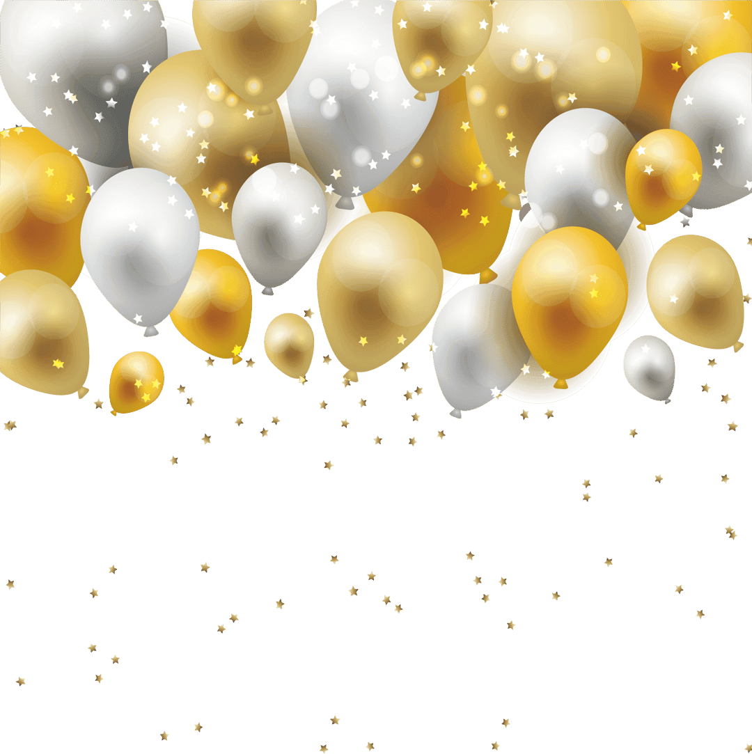 Yellow balloon border pattern includes metallic gold and silver spheres with matte brown decorative accents.
