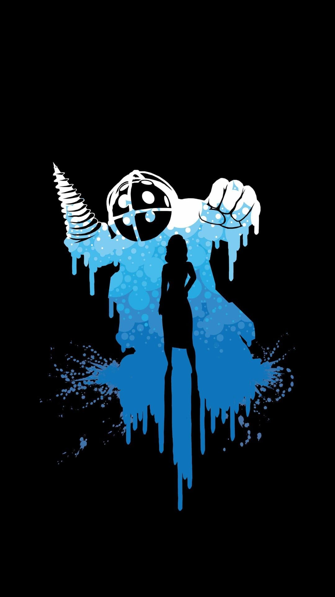 Big Daddy with a drill and a woman's silhouette in blue dripping paint and white circles on a black background.