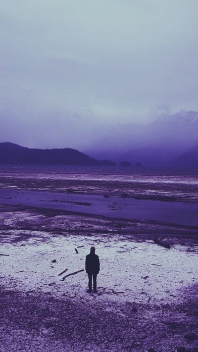 Solitude, landscape, purple, figure, lone, beach, mountains, cloudy sky, nature, isolated, contemplative, vast, wide open, tranquil, serene, atmospheric, distant, outdoors, quiet, introspection