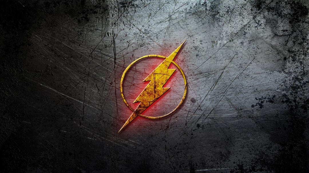Yellow lightning bolt logo glowing with a red aura on a dark scratched metal background in vertical orientation.
