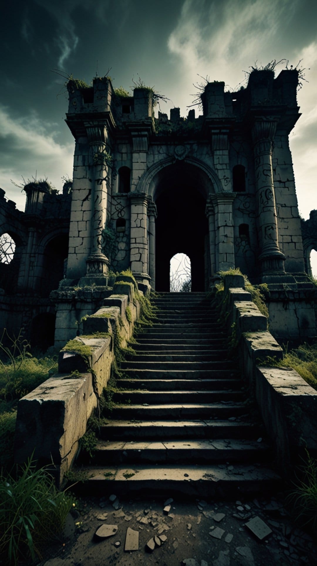 Crumbling stone castle ruins with overgrown mossy stairs and an arched entrance under a dark, cloudy sky.