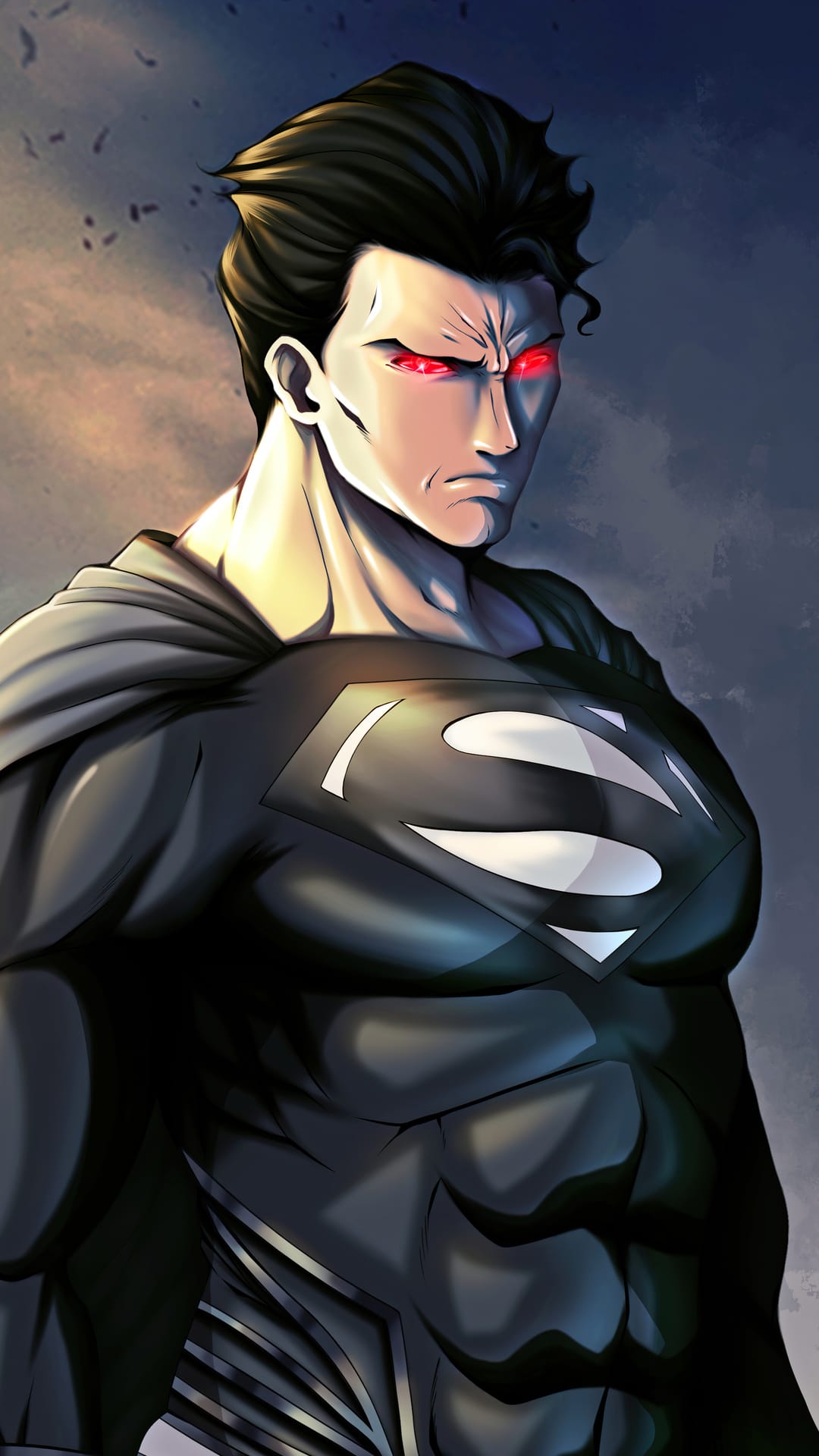 Superman in a black suit with glowing red eyes stands against a dark, stormy sky with a stern expression.