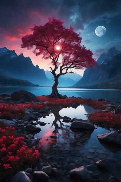 Lake,Serene,Blossom,Cherry Blossom,Red,Mountain,View,Nature,Moon