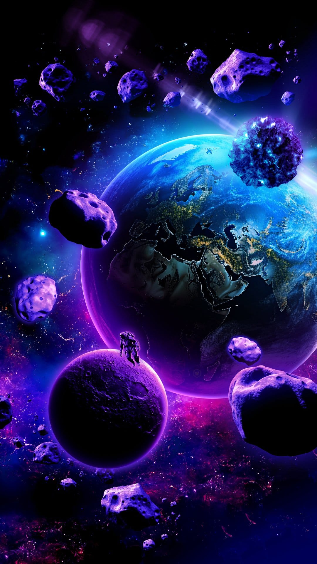 Astronaut standing on a cratered purple moon surface while looking at a glowing blue planet and floating rocks.