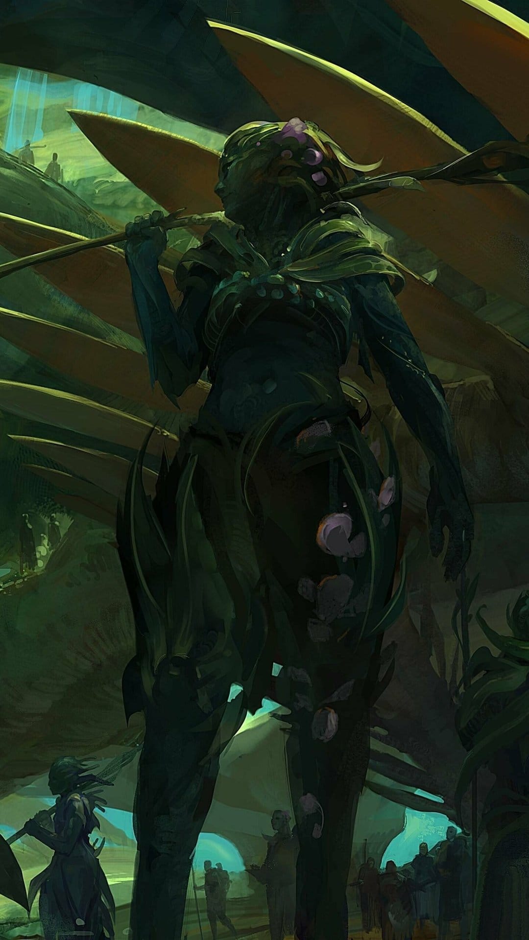 Tall plant-like humanoid warrior holding a staff across its shoulders in a dark, glowing teal fantasy forest.
