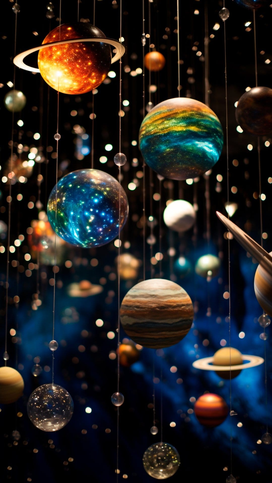 Solar system model with shimmering planets hanging against a dark, starry background with purple nebula clouds.