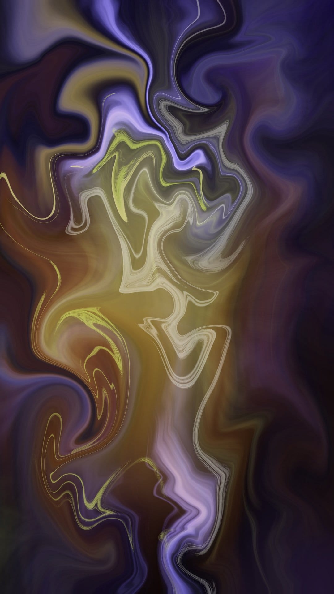 Swirling purple and golden fluid patterns mimic a cosmic nebula with dark brown shadows and metallic highlights.