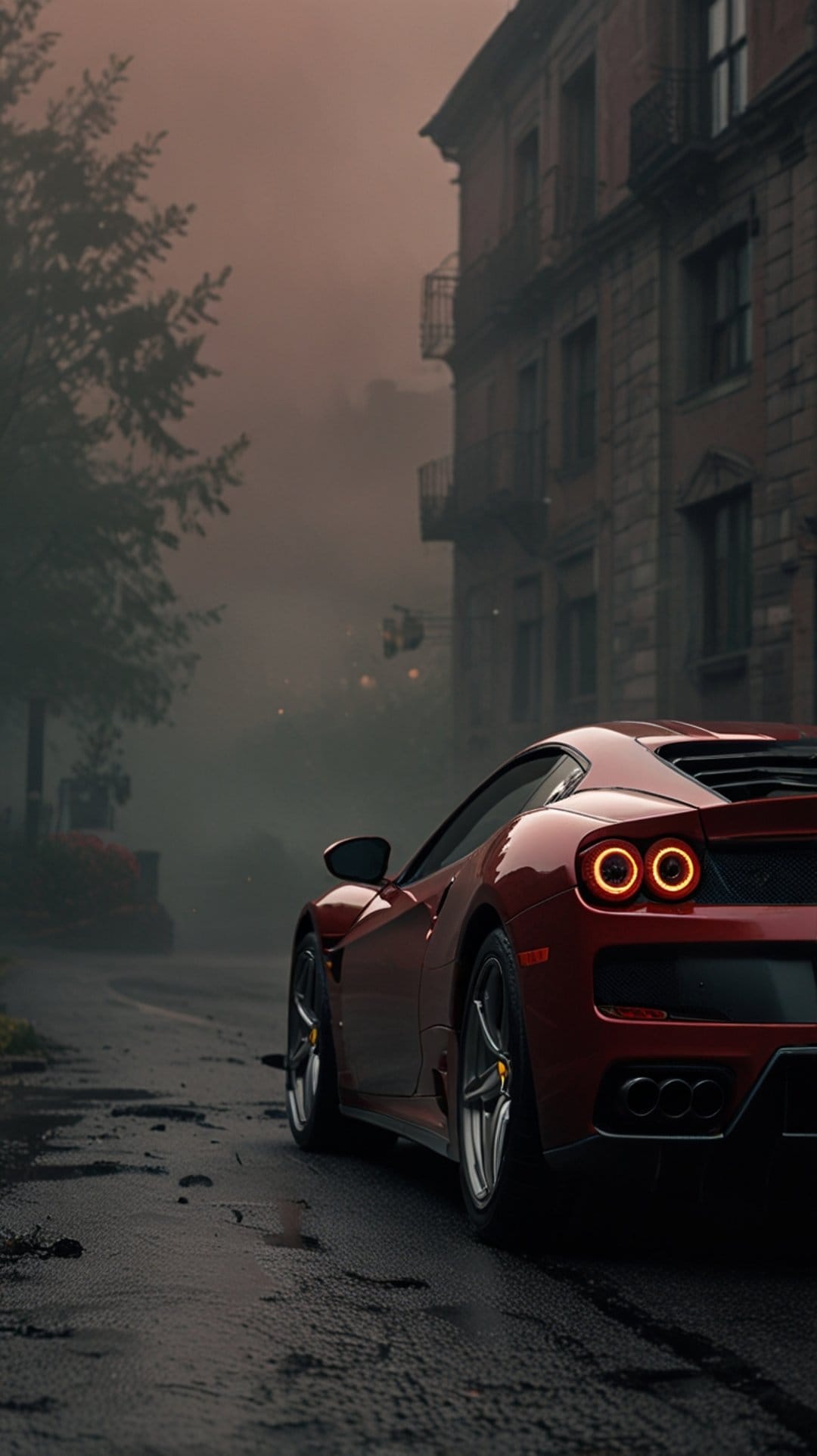Red sports car with glowing taillights parked on a foggy wet street at night beside vintage buildings.