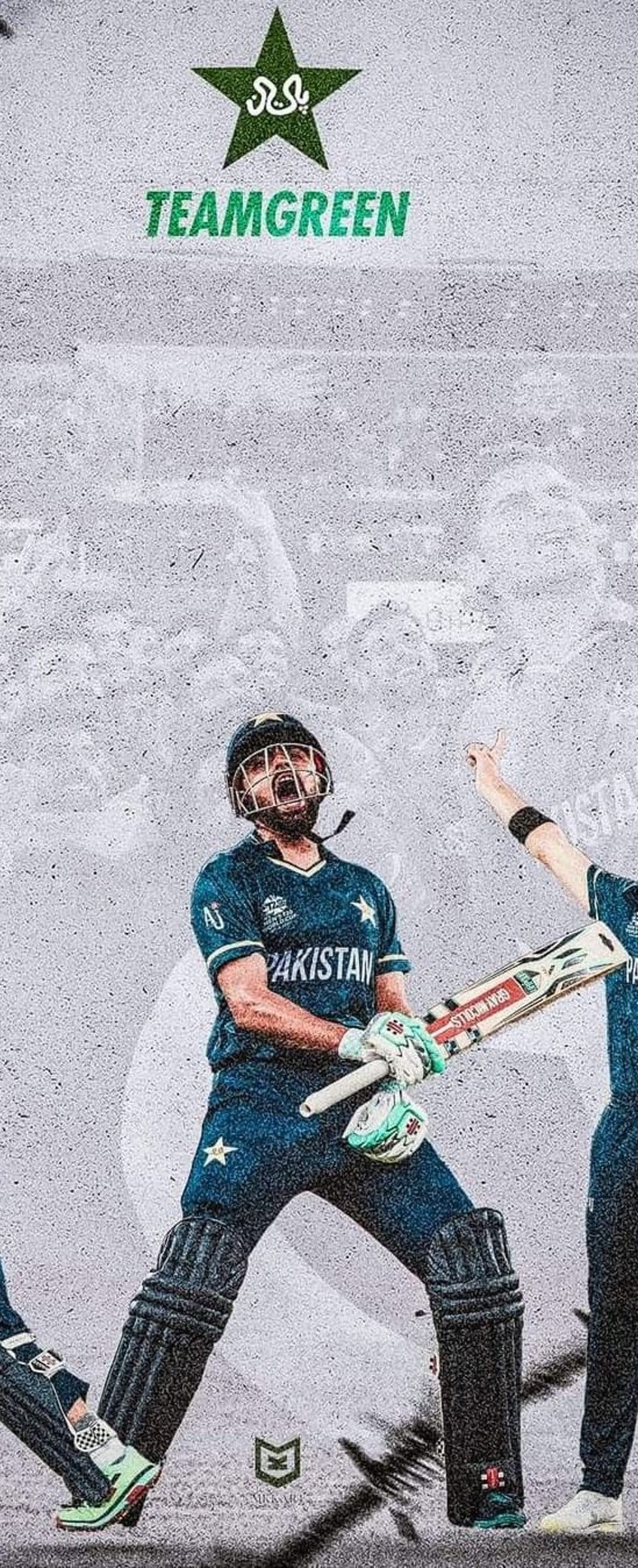 Pakistani batsman raises his bat and roars in triumph wearing a green jersey against a textured grey wall.