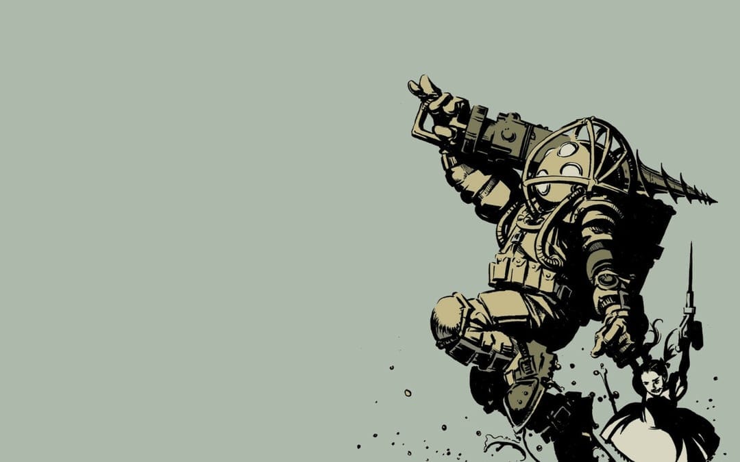 Action pose of a Big Daddy bouncer alongside a Little Sister on a minimalist sage green background scene.