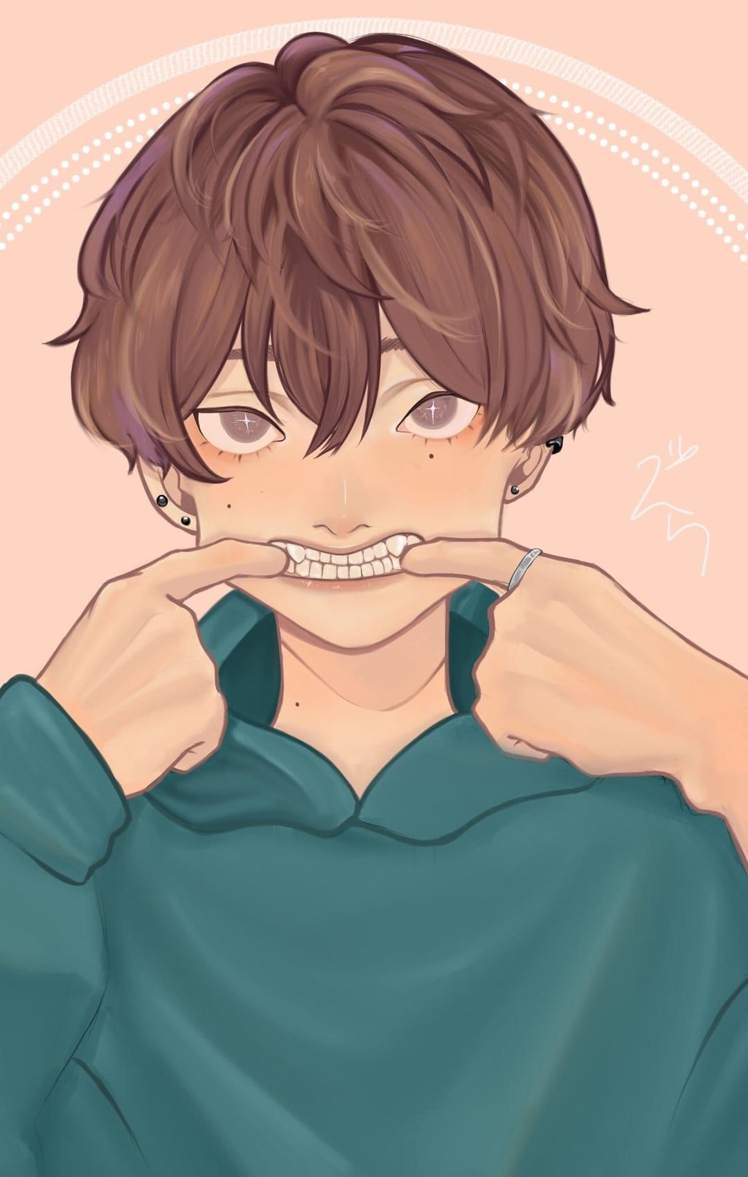 Anime boy with brown hair and sharp teeth pulls his lips into a wide grin wearing a bright teal hoodie.