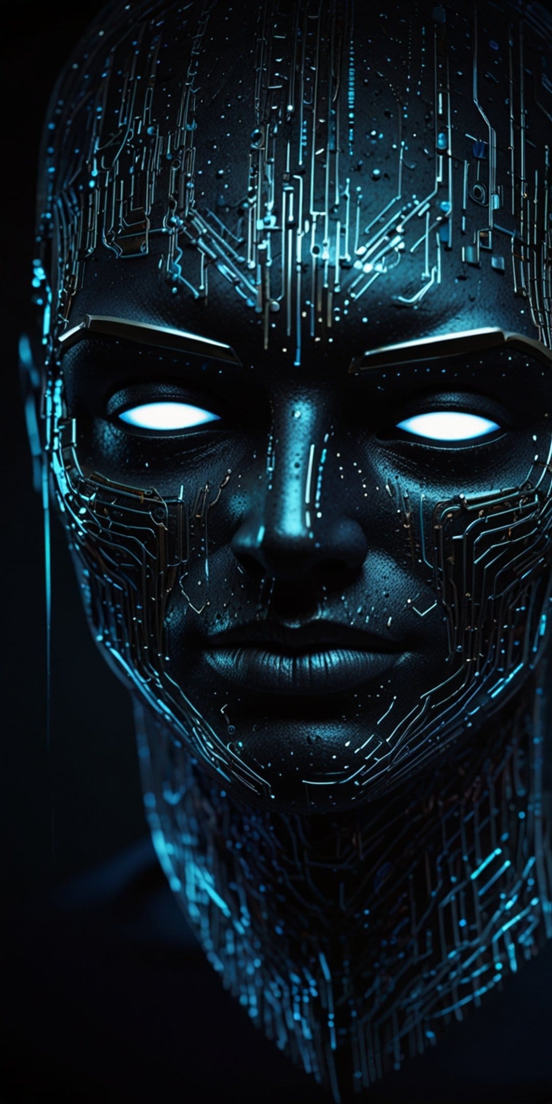 Cybernetic humanoid face with glowing white eyes and blue circuit patterns across dark metallic surface plates.