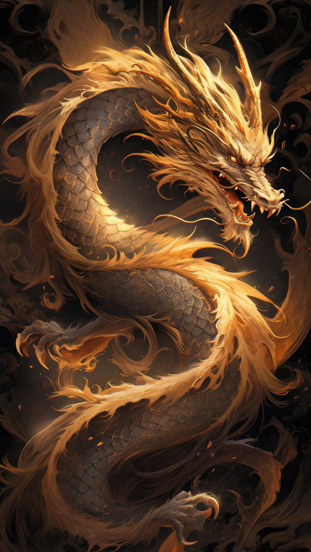 Golden dragon with shimmering scales and a fiery mane coils tightly against a dark, atmospheric background.