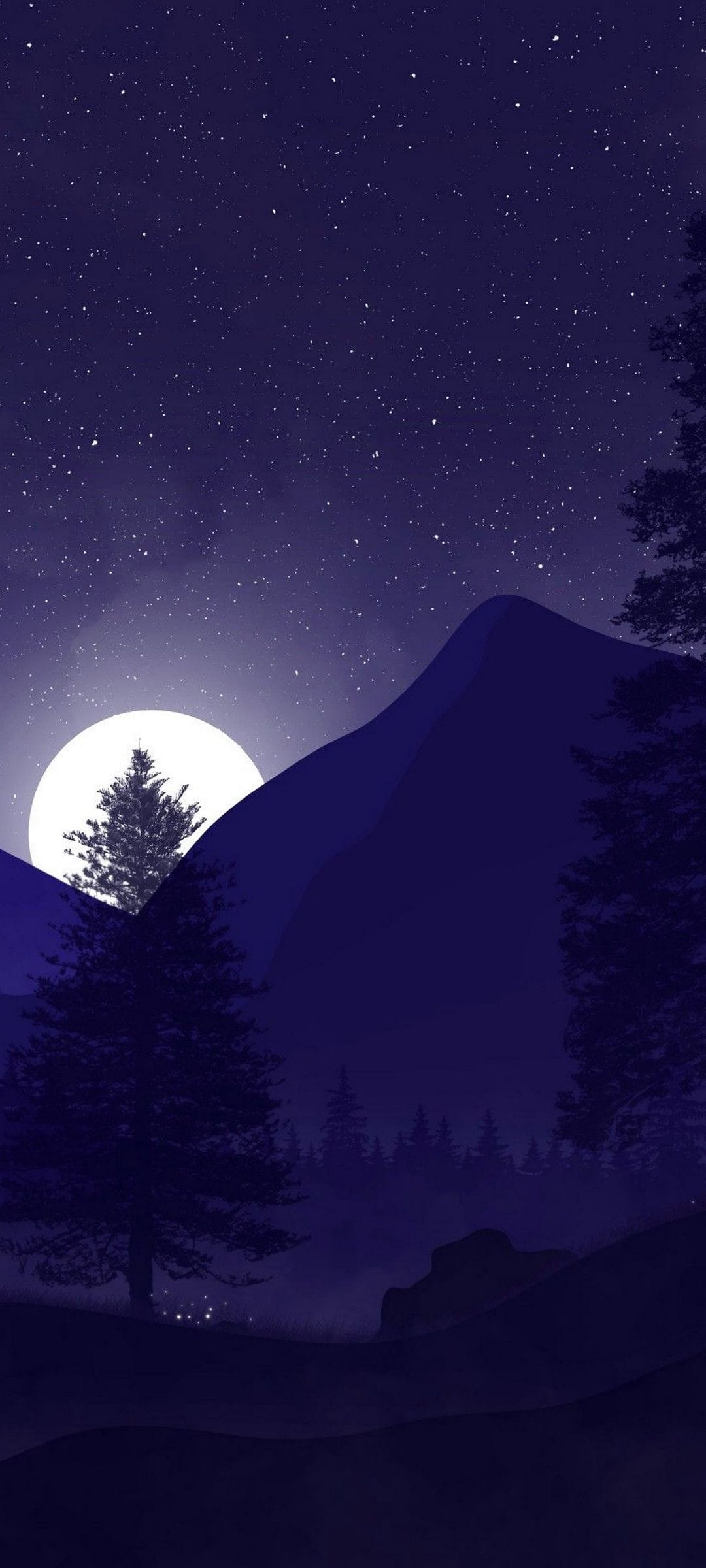 Full moon shining over silhouetted evergreen trees and misty mountain peaks beneath a dense field of bright stars.