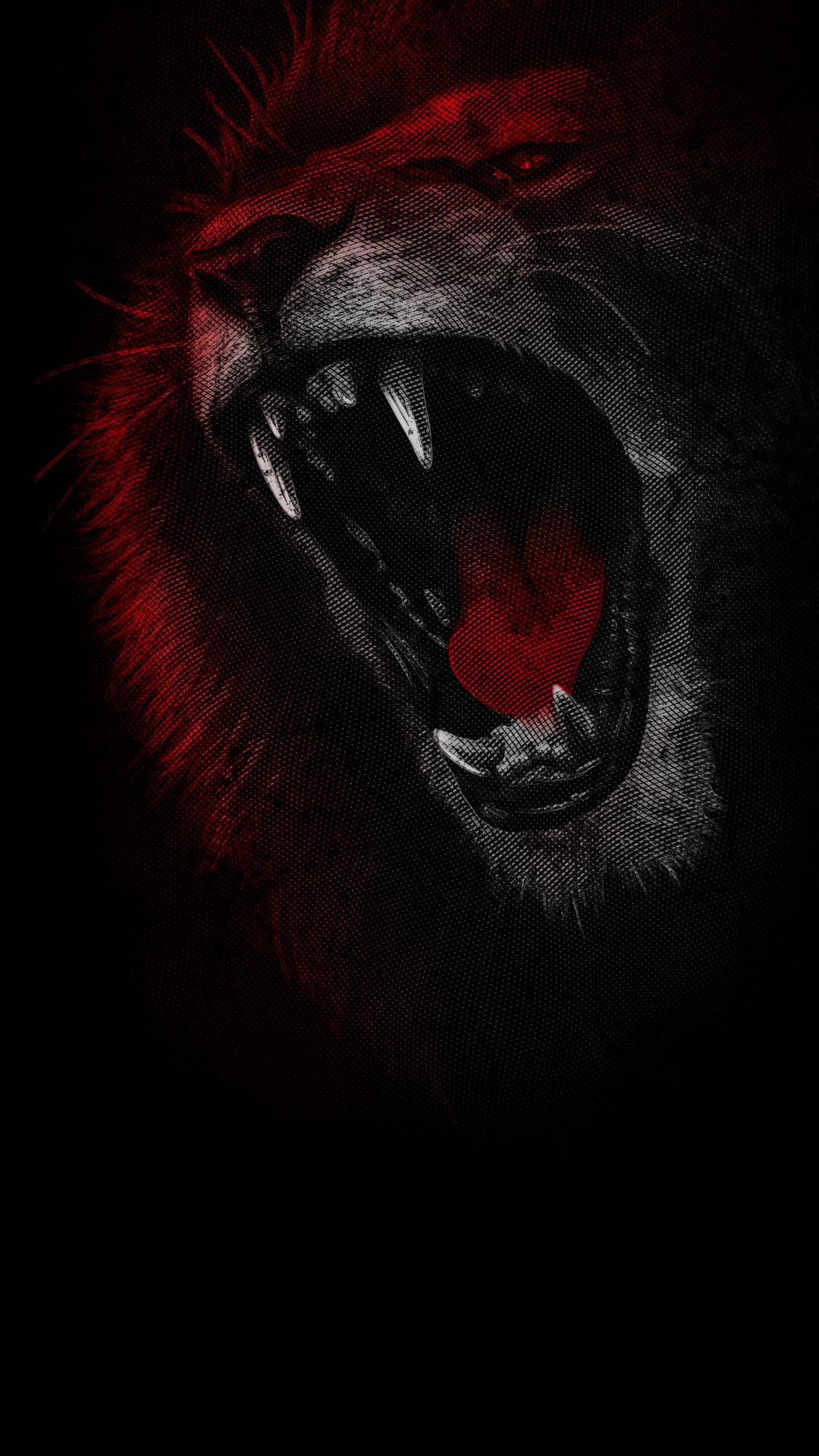 Lion roaring with mouth wide open showing sharp teeth, featuring a red and gray halftone dot texture pattern.