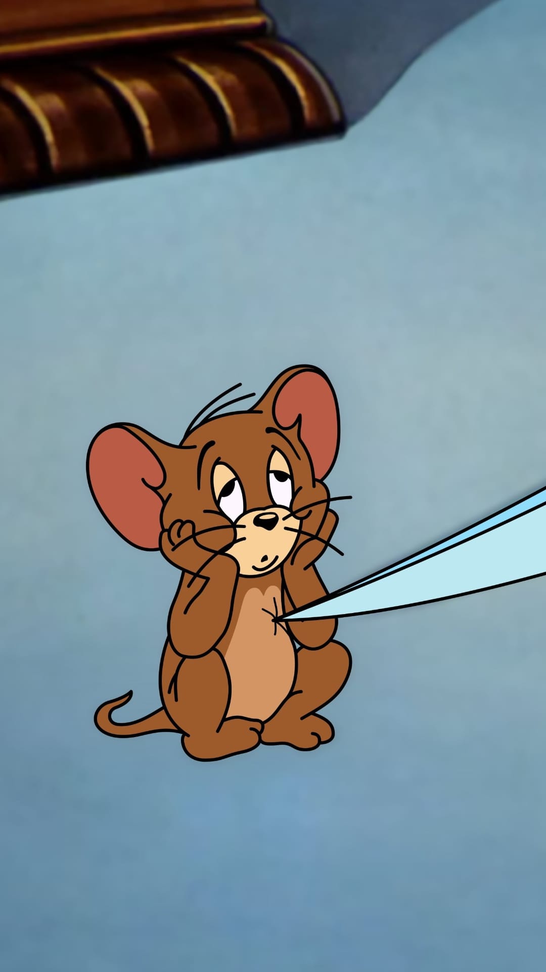Jerry the mouse sits with his chin in his hands while a sharp blue energy streak points at him from the right side.