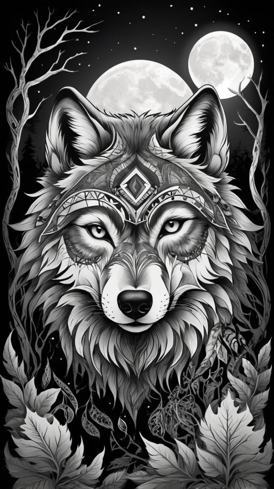 Wolf with an intricate tribal headdress stares forward under two full moons amidst dark silhouetted pine trees.