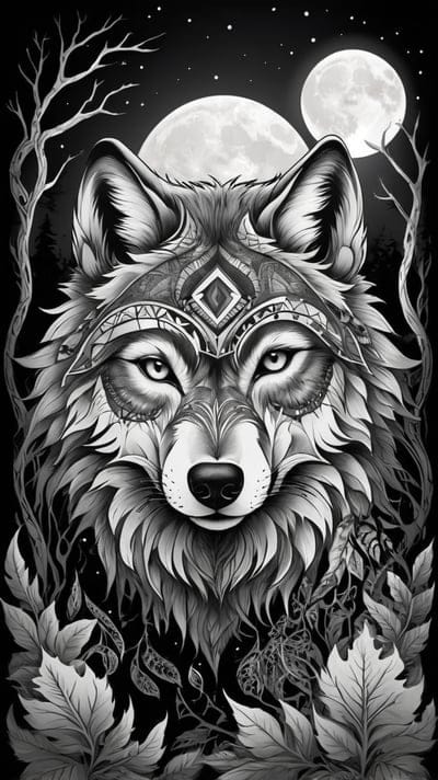 Wolf,Mask,Moon,Tattoo,Tattoo Wallpaper,Wallpaper,AI Art,Ai Wallpaper,Desktop Wallpaper,Artwork,Black,White,Black and White