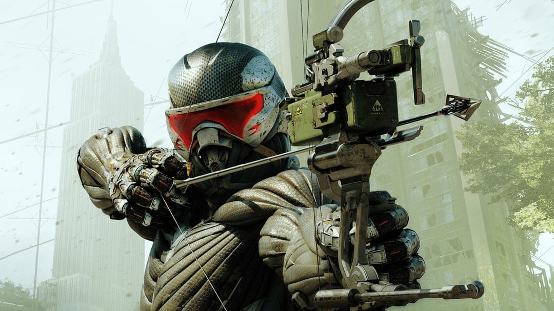Soldier in a metallic nanosuit draws a mechanical bow against a backdrop of ruined skyscrapers and greenery.
