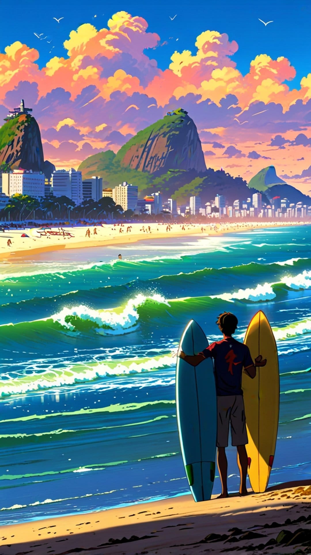 Two surfers holding boards on a beach facing the Rio de Janeiro mountains and a colorful sunset sky.