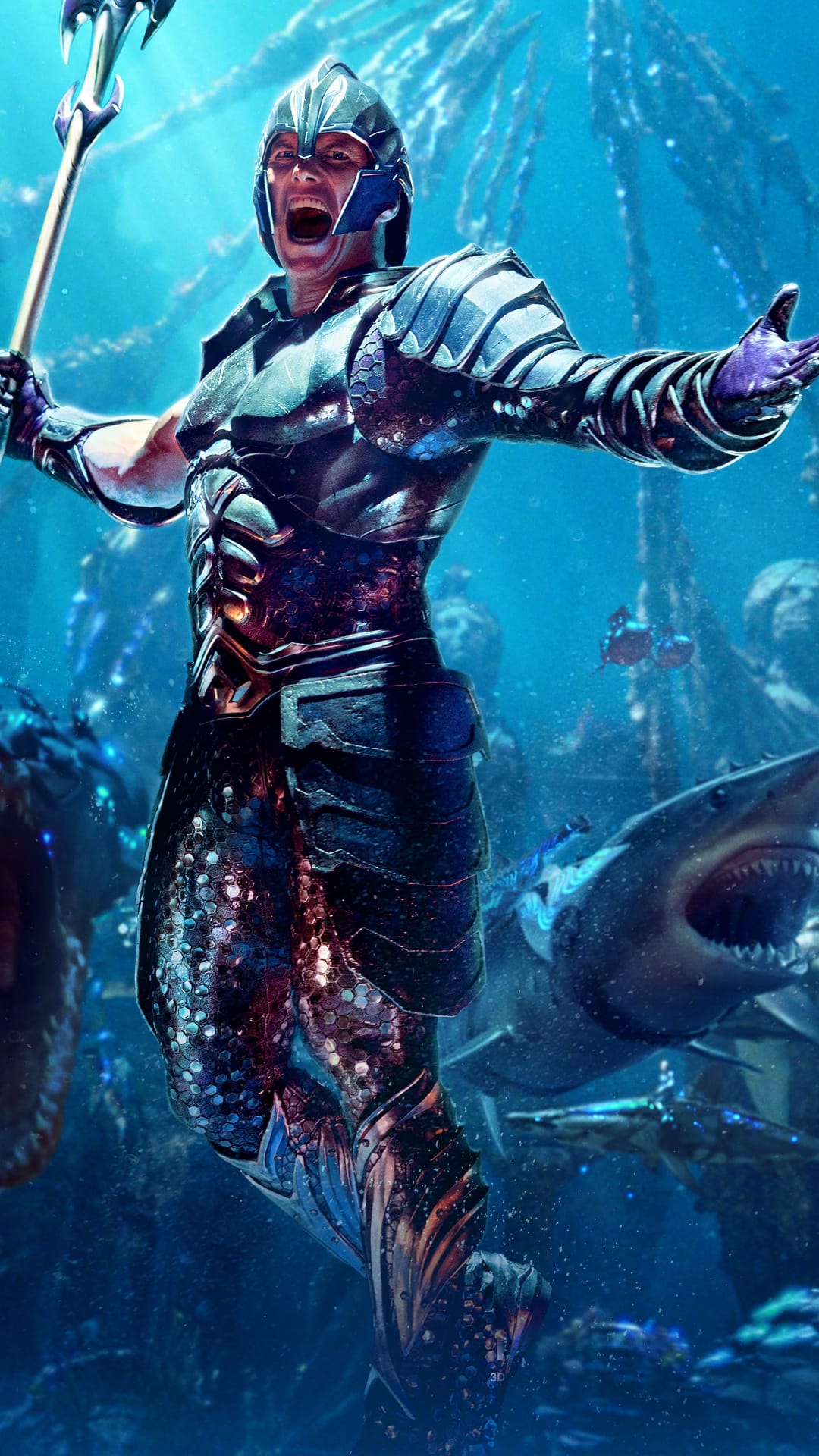 Aquaman in gold armor raises a trident while sharks swim through deep blue water with rays of sunlight.